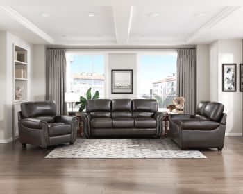 Traditional Living Room Furniture 3pc Sofa Set Dark Brown Leather Sofa Loveseat Chair Comfortable Plush Seating Rolled Arms Nailhead Trim Classic Desi
