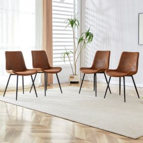 A set of 4 modern medieval style restaurant brown cushioned chairs with suede backrests and black metal legs, suitable for kitchens, lounges