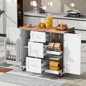 K&K Rolling Kitchen Island with Storage, Kitchen Cart with Rubber Wood Top, 3 Drawer, 2 Slide-Out Shelf and Internal Storage Rack
