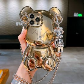 Cute 3D Cartoon Silver Goolden Teddy Bear Shaped Phone Case With Metal Chain Strap Bell Pendant For IPhone 14 Plus 14 Pro 13 Pro Max 13 Pro 13 12 Pro (Color: Golden, size: IPhone 14 Pro Max)