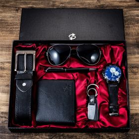 A04991Men's business gift box set Wallet belt watch pen glasses combination set (Color: Black)